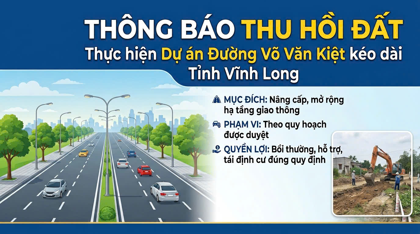 Thông báo về việc thu hồi đất và danh sách người có đất thu hồi để thực hiện dự án: Đường Võ Văn Kiệt kéo dài. Địa điểm xây dựng: Phường Tân Ngãi, tỉnh Vĩnh Long (Đợt 2)