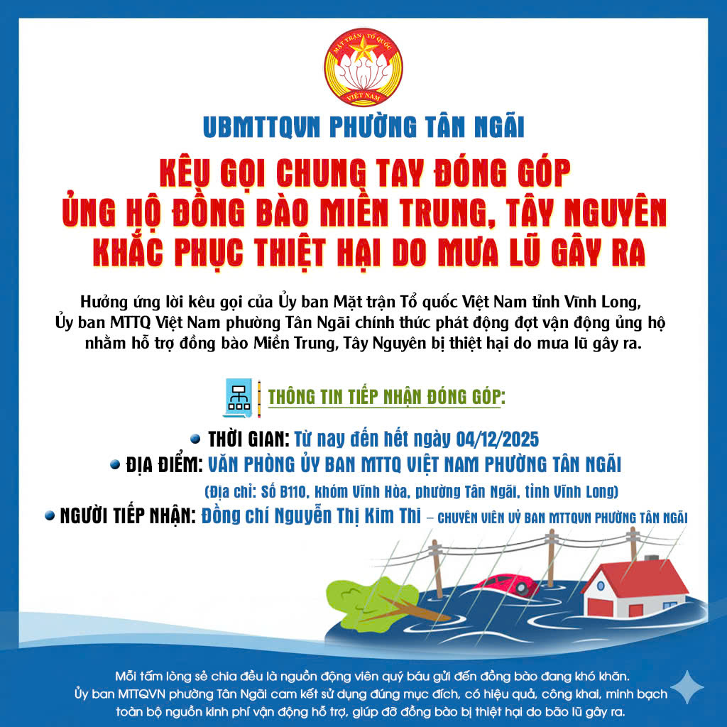 Ủy ban MTTQ Việt Nam phường Tân Ngãi chính thức phát động đợt quyên góp nhằm hỗ trợ đồng bào Miền Trung, Tây Nguyên