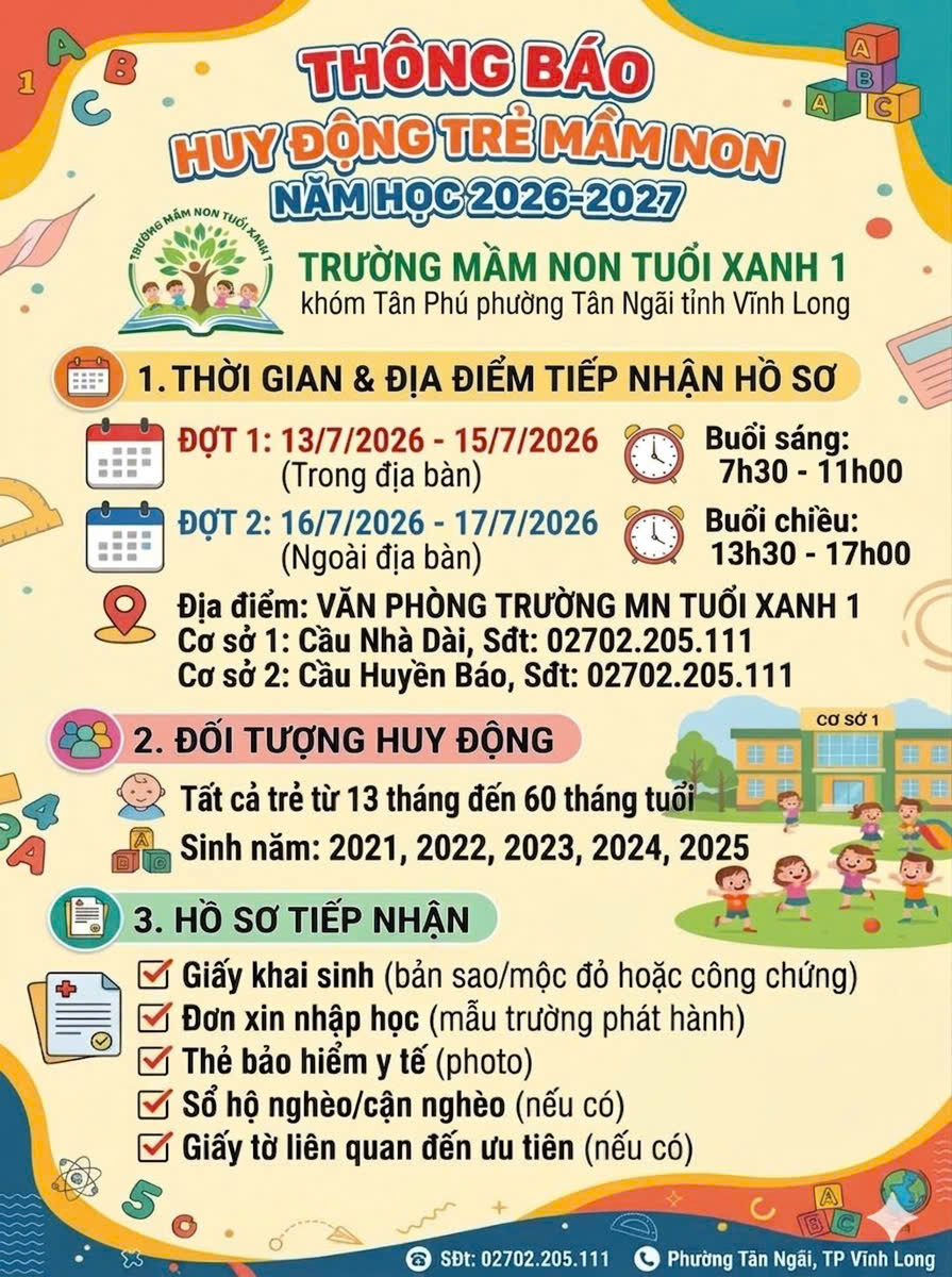 Tuyển Sinh Trẻ Mầm Non Năm Học 2026 – 2027 Của Trường Mầm Non Tuổi Xanh 1